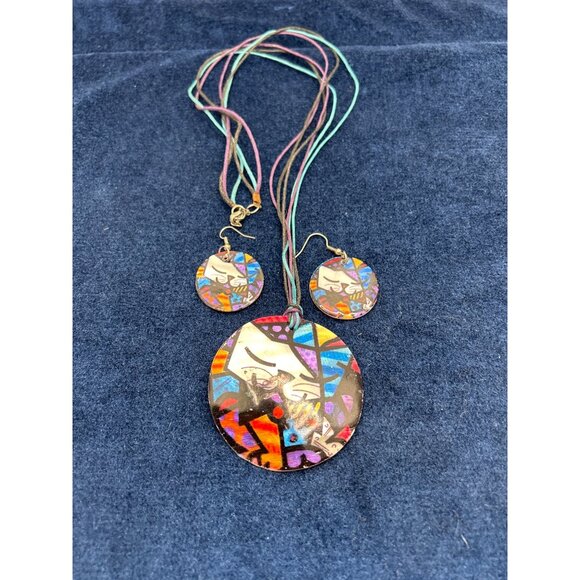 Vintage Hand-Painted Shell Necklace & Earrings happy cat Romero Britton - Picture 3 of 8